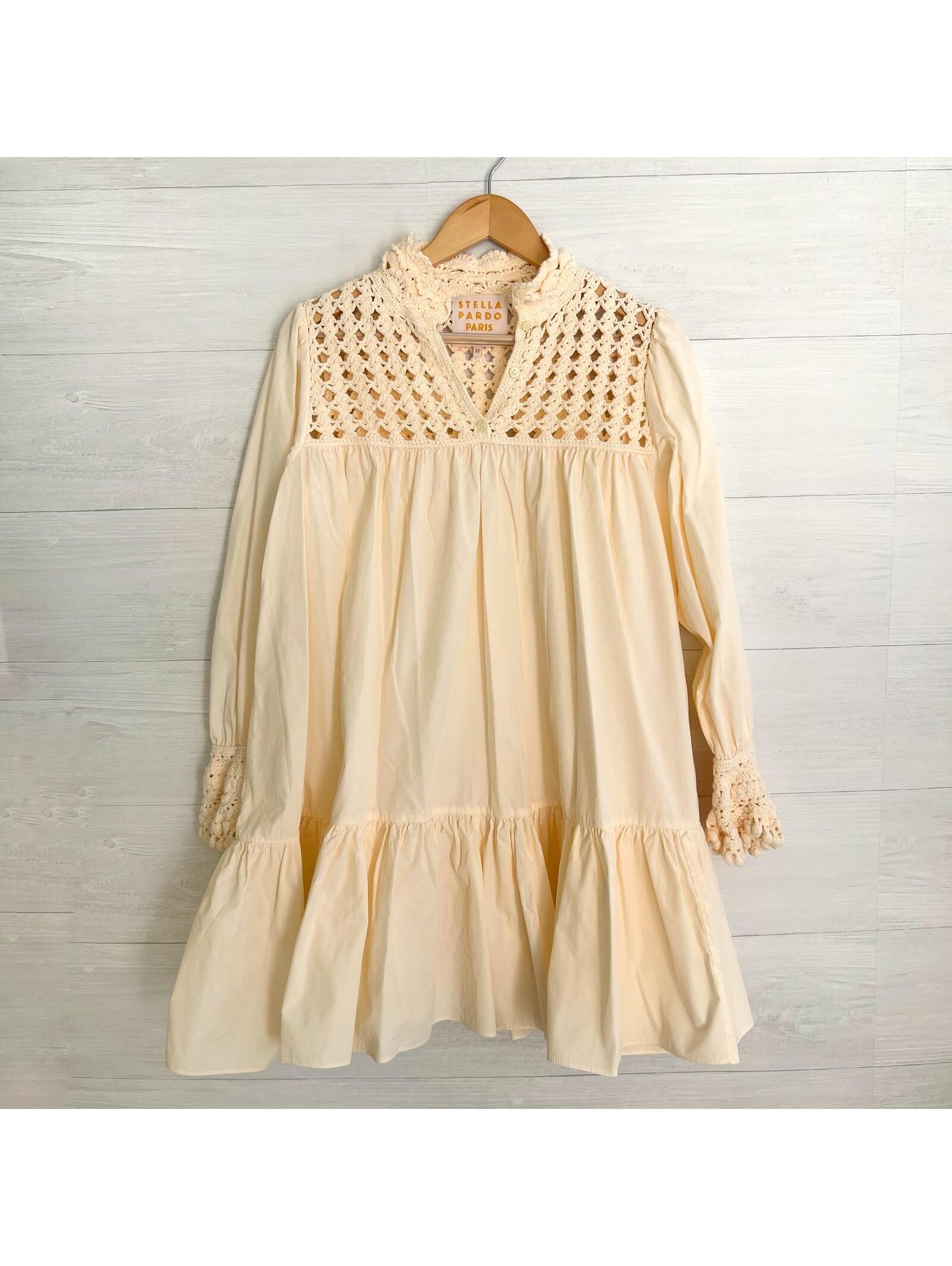 Stella Pardo Paris - Beige Crochet Tiered Swing Mini Shirt Dress, M